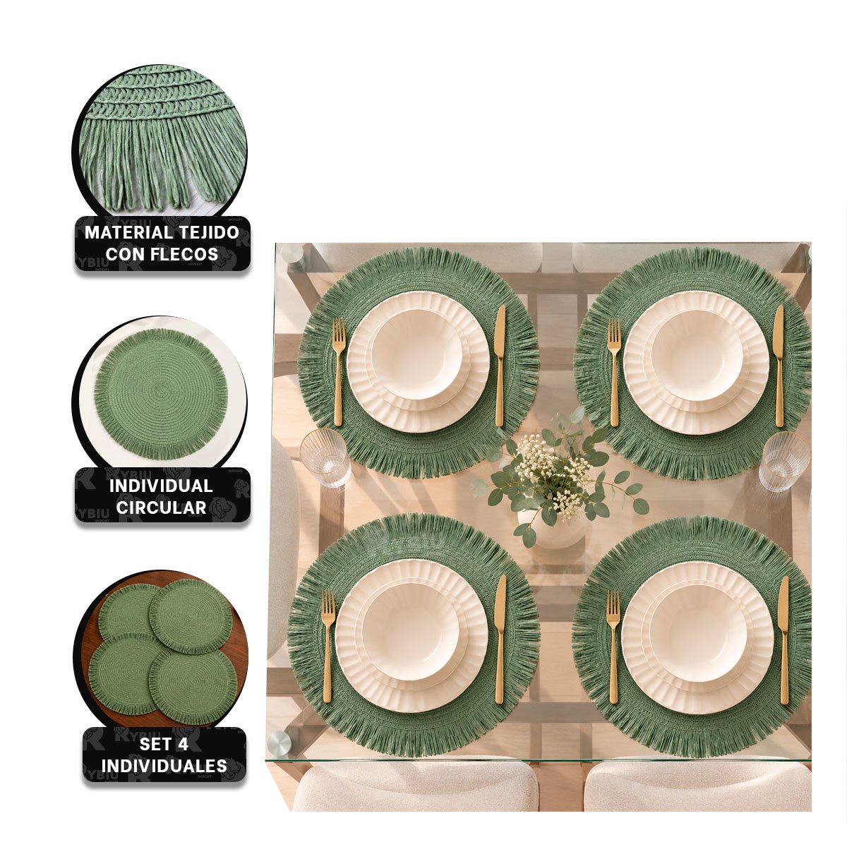 KIT 4 TAPETE DE MESA DECORATIVO TEJIDO CON FLECOS VERDE Y PAPEL REGALO - 4