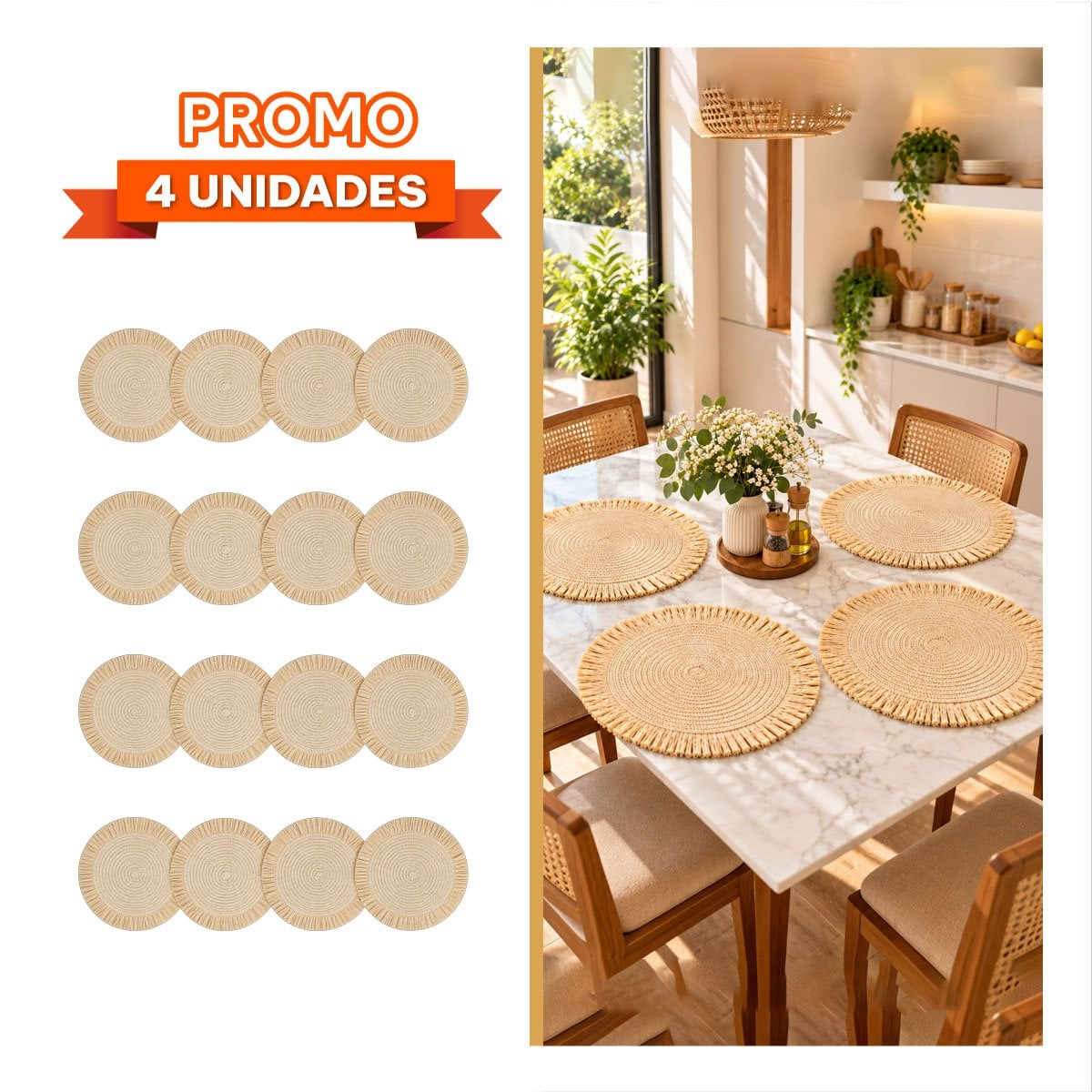 PACK4 TAPETE TEJIDO CIRCULAR DE MESA CON FLECOS BEIGE - 1