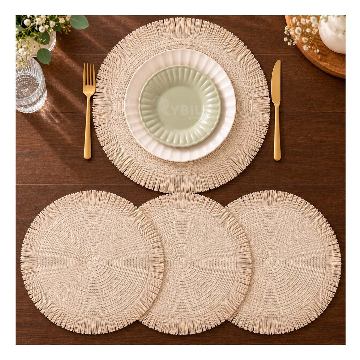 PACK4 TAPETE TEJIDO CIRCULAR DE MESA CON FLECOS BEIGE - 2