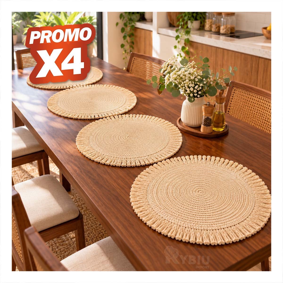 PACK4 TAPETE ELEGANTE CIRCULAR PARA MESA TEJIDO BEIGE YREGALO STICKER - 1