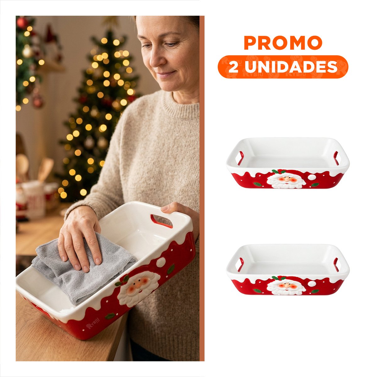 PACK2 BANDEJA RECTANGULAR CON PAPA NOEL DECORATIVO ROJO - 1