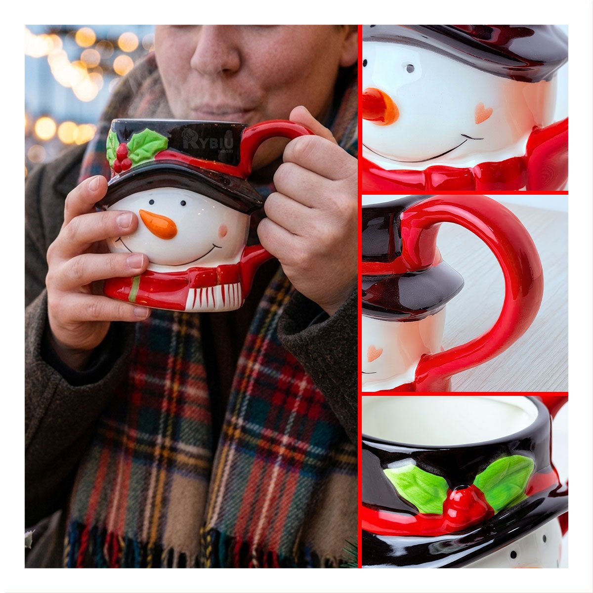 PACK4 MUG CON FORMA DE CABEZA DE MUÑECO DE NIEVE PARA NAVIDAD BLANCO YPAPEL REGALO - 3