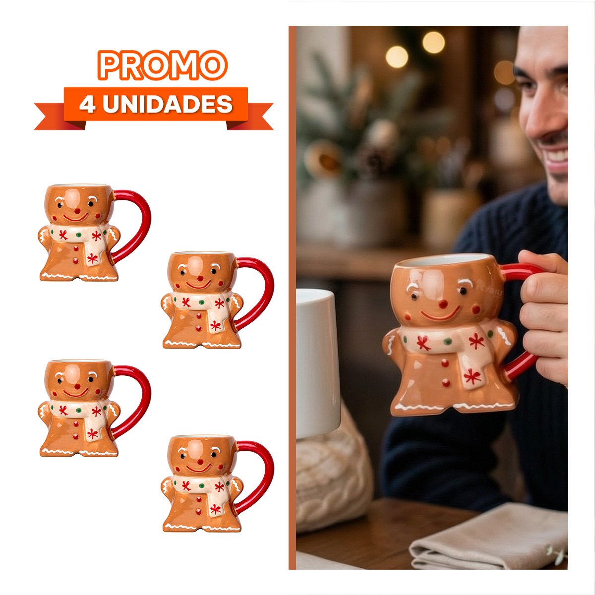 PACK4 TAZA DE MUÑECO DE GALLETA CON CHALINA PARA NAVIDAD MOSTAZA - 1