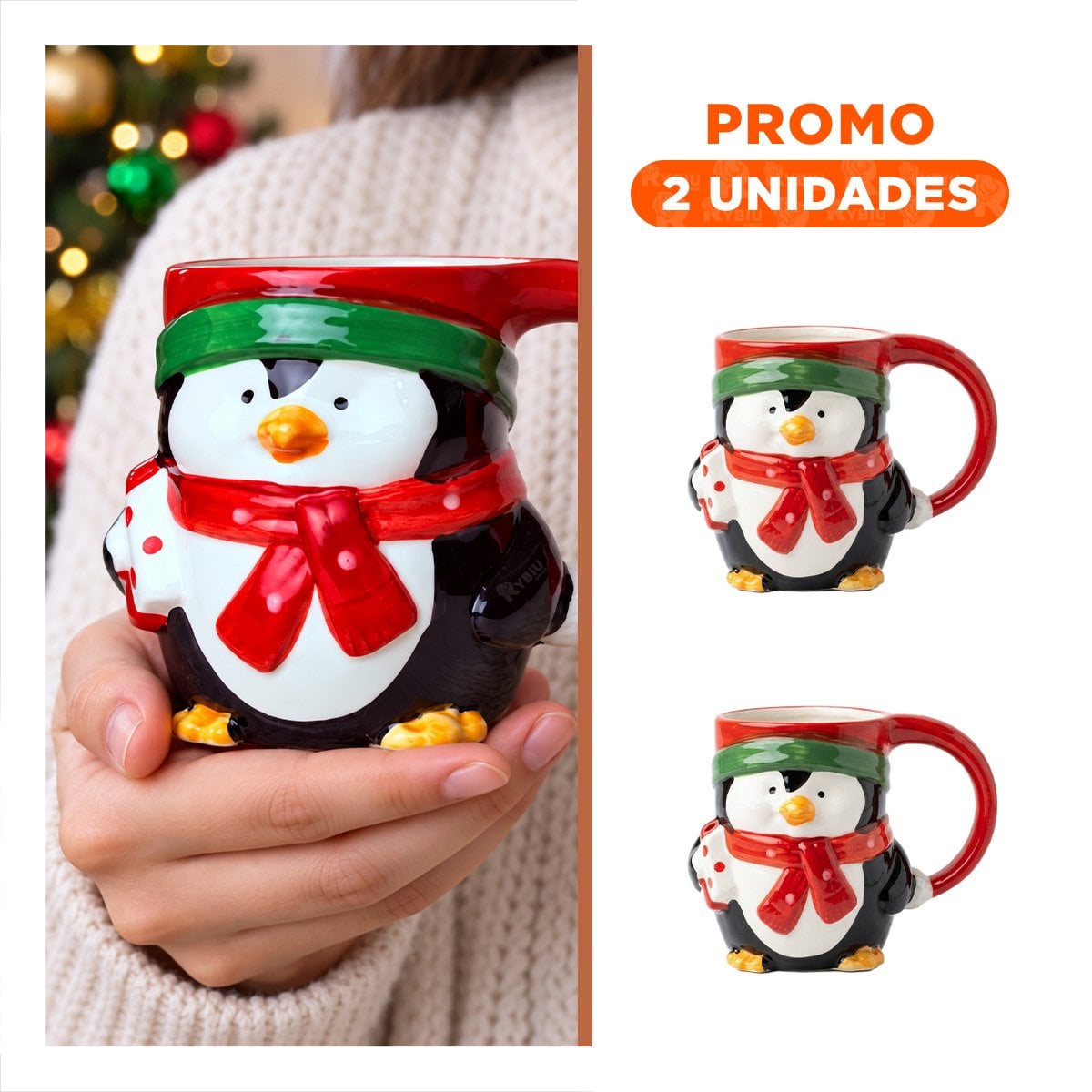 PACK2 TAZA NAVIDEÑA CON FORMA DE PINGUINO NEGRO YREGALO STICKER - 1