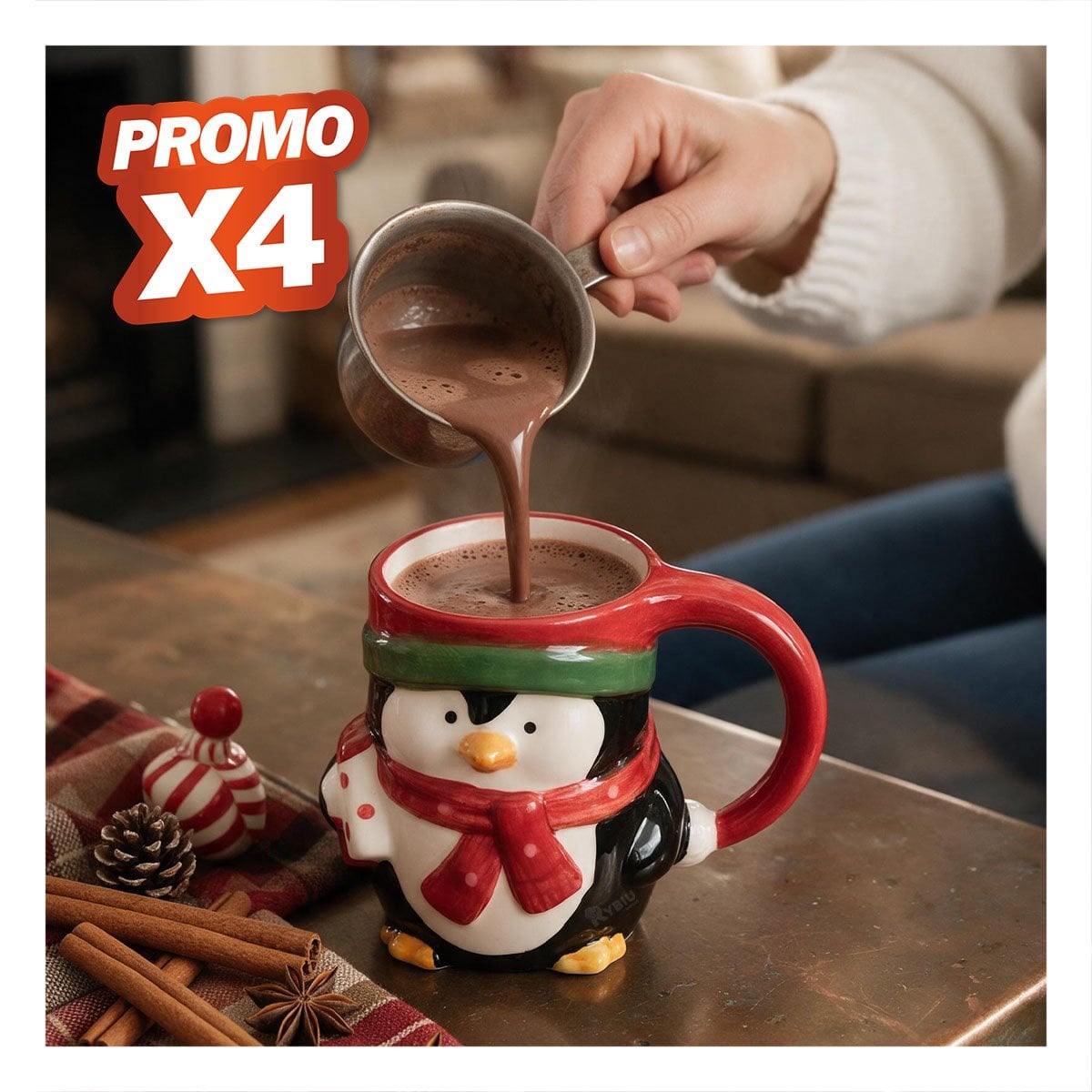 PACK4 MUG DE PINGUINO CON ESTILO NAVIDEÑO NEGRO YREGALO STICKER - 1