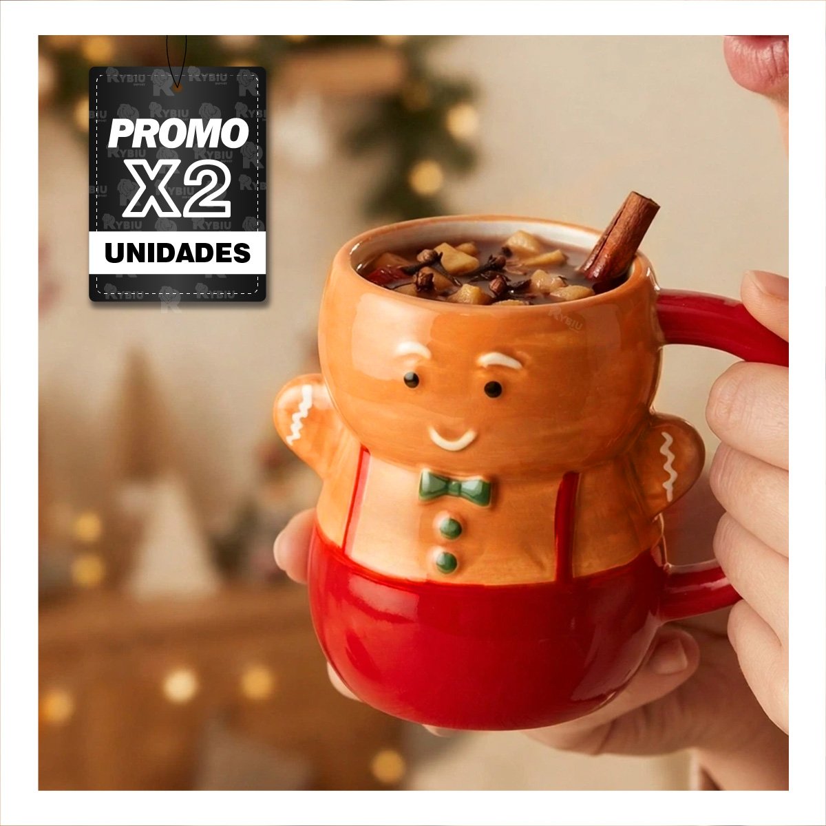 PACK2 TAZA CON FORMA DE MUÑECO DE GALLETA CON CORBATIN MOSTAZA YPAPEL REGALO - 1