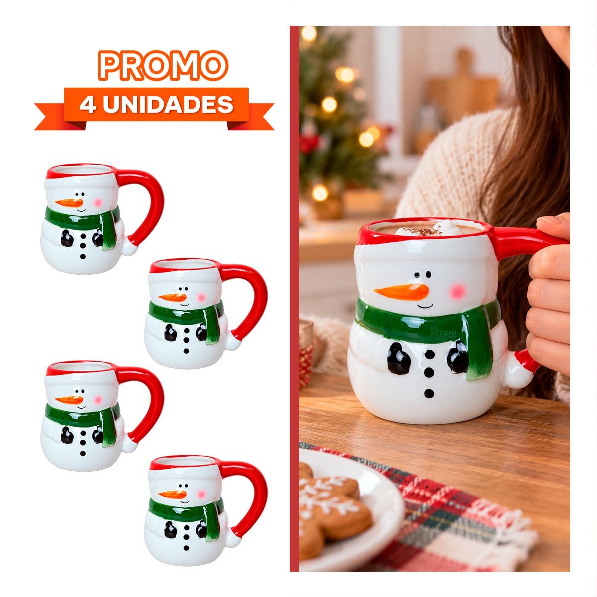 PACK4 MUG CON FORMA DE MUÑECO DE NIEVE PARA NAVIDAD BLANCO YPAPEL REGALO - 1