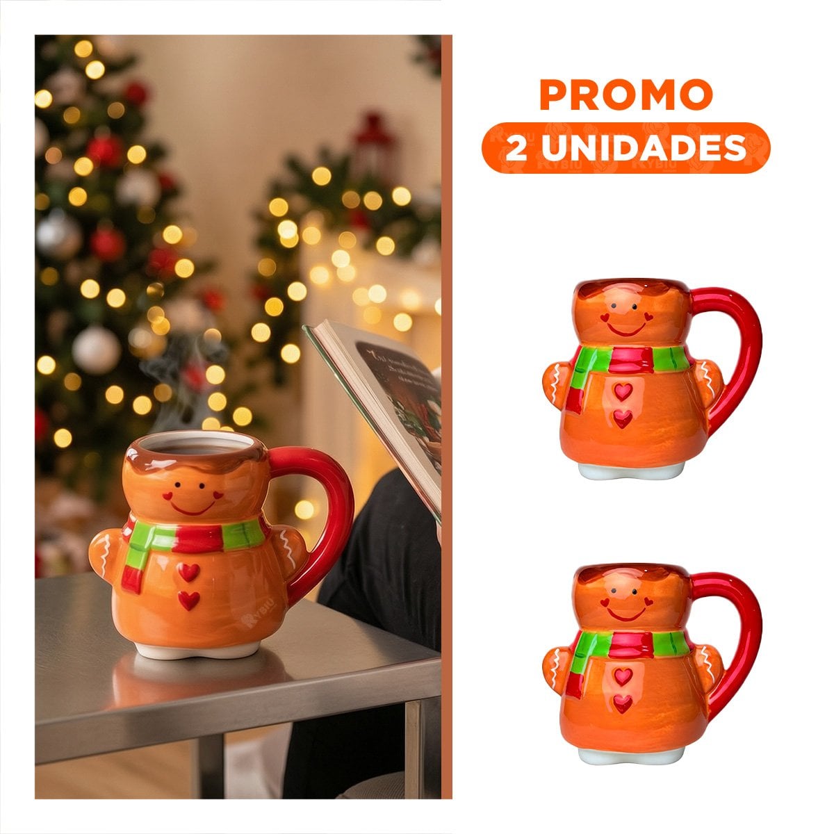 PACK2 TAZA NAVIDEÑA CON FORMA DE JENGIBRE MOSTAZA YREGALO STICKER - 1