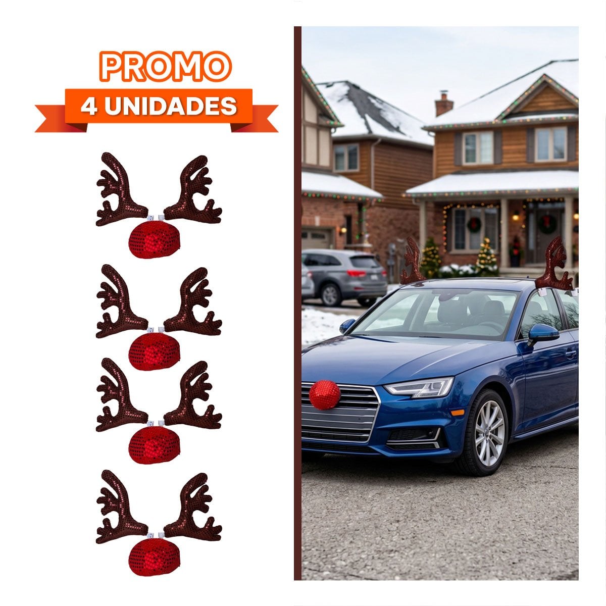 PACK4 ACCESORIO PARA VEHICULO CON CUERNOS DE RENO MARRON Y NARIZ DE CASA - 1