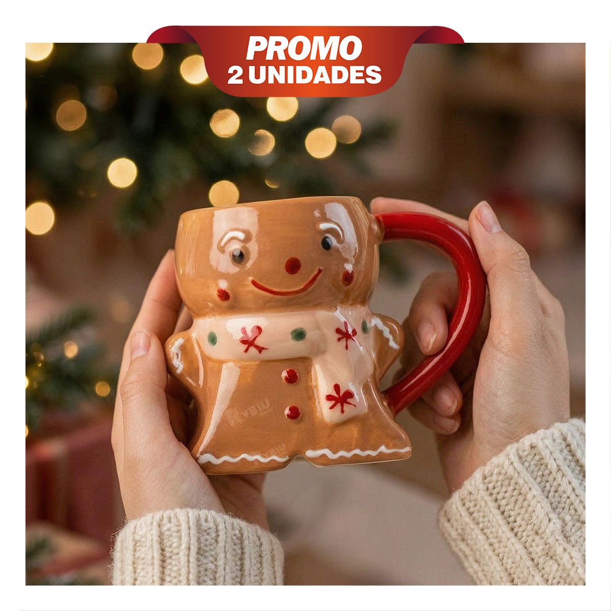 PACK2 TAZA NAVIDEÑA CON FORMA DE JENGIBRE CON CHALINA MOSTAZA YREGALO STICKER - 1