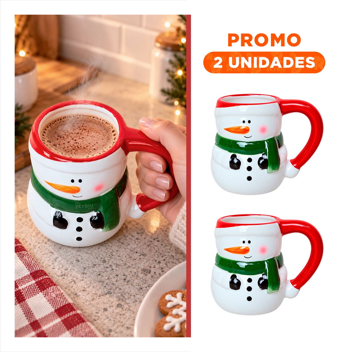 PACK2 TAZA DE MUÑECO DE NIEVE CON ESTILO NAVIDEÑO BLANCO - 1
