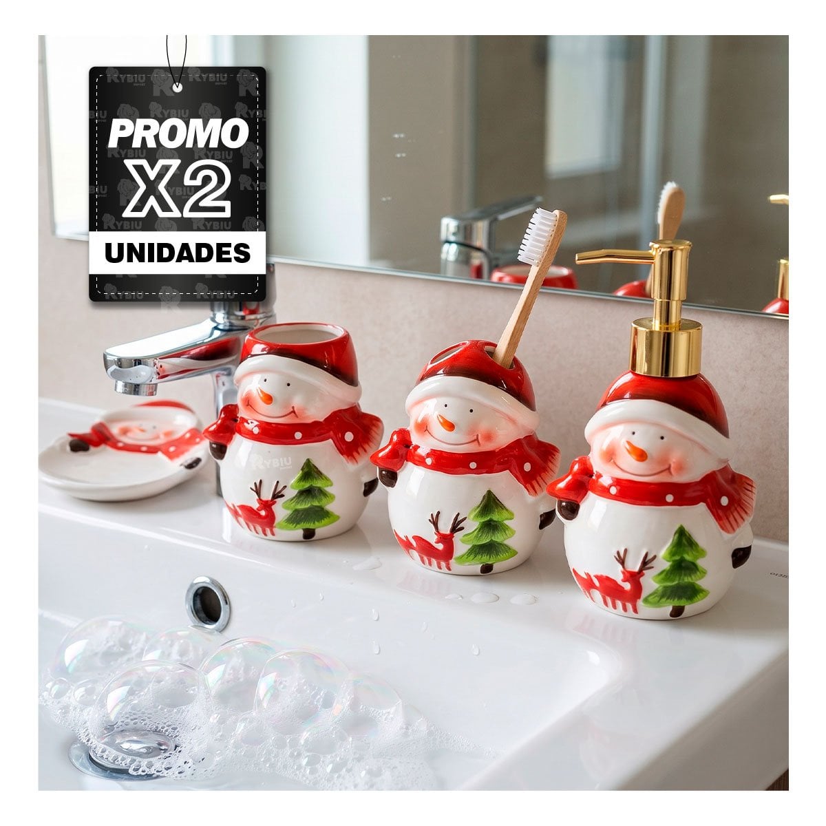 PACK2 DISPENSADORES DE SANITARIO MUNECO DE NIEVE 4 JABONERAS ROJO - 1