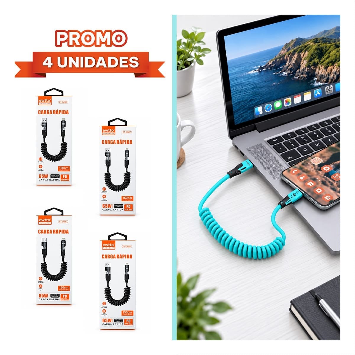 PACK4 CABLE 4 EN 1 PARA CONEXION MOVIL 65W 150CM CELESTE - 1