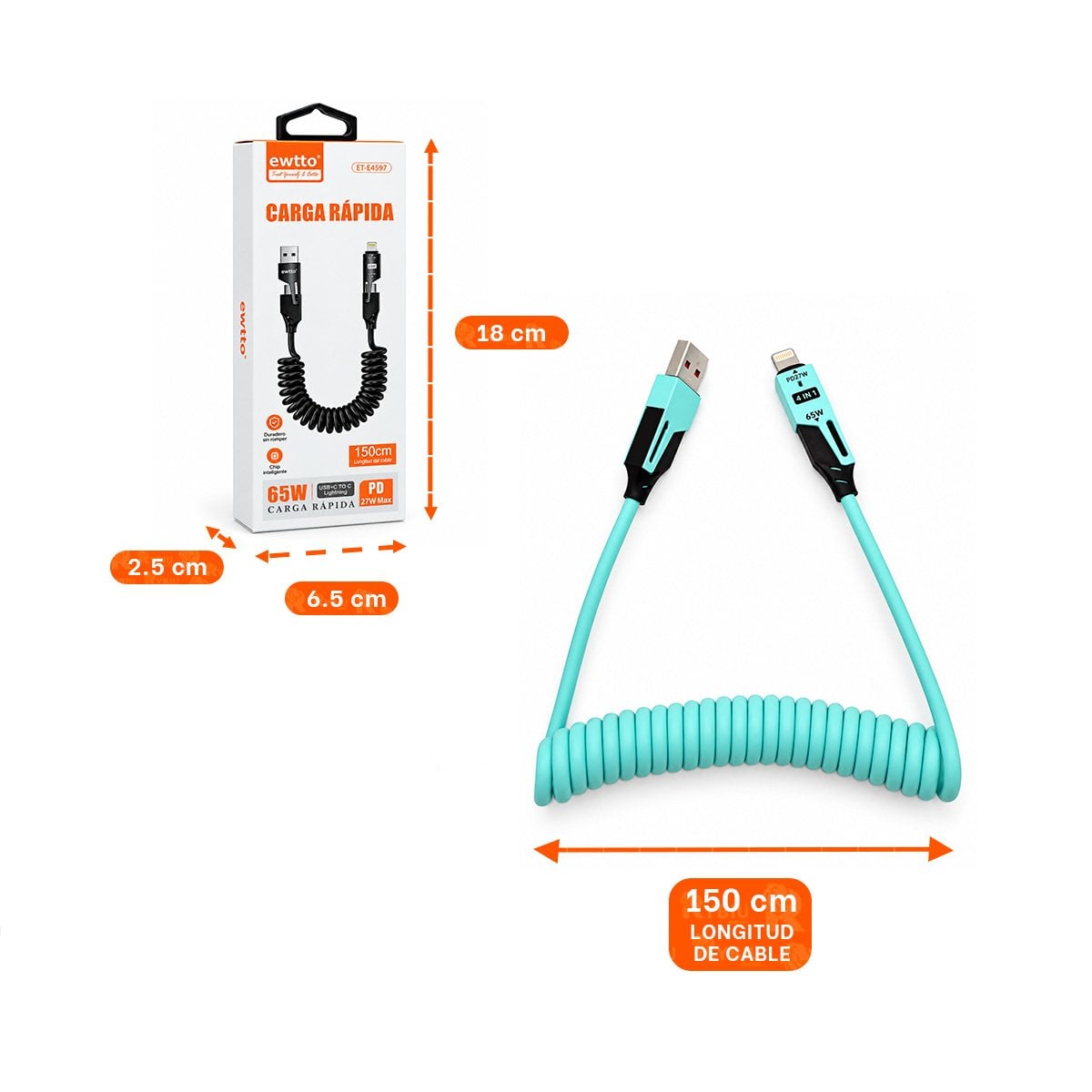 PACK4 CABLE 4 EN 1 PARA CONEXION MOVIL 65W 150CM CELESTE - 3