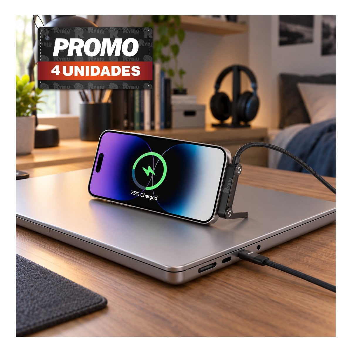 PACK4 BASE PARA CELULAR CON CABLE TIPO-C 240W NEGRO YPAPEL REGALO - 1