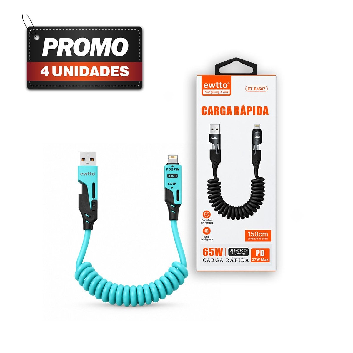 PACK4 CABLE 4 EN 1 CON PUERTO MULTIPLE 65W 150CM CELESTE YPAPEL REGALO - 1