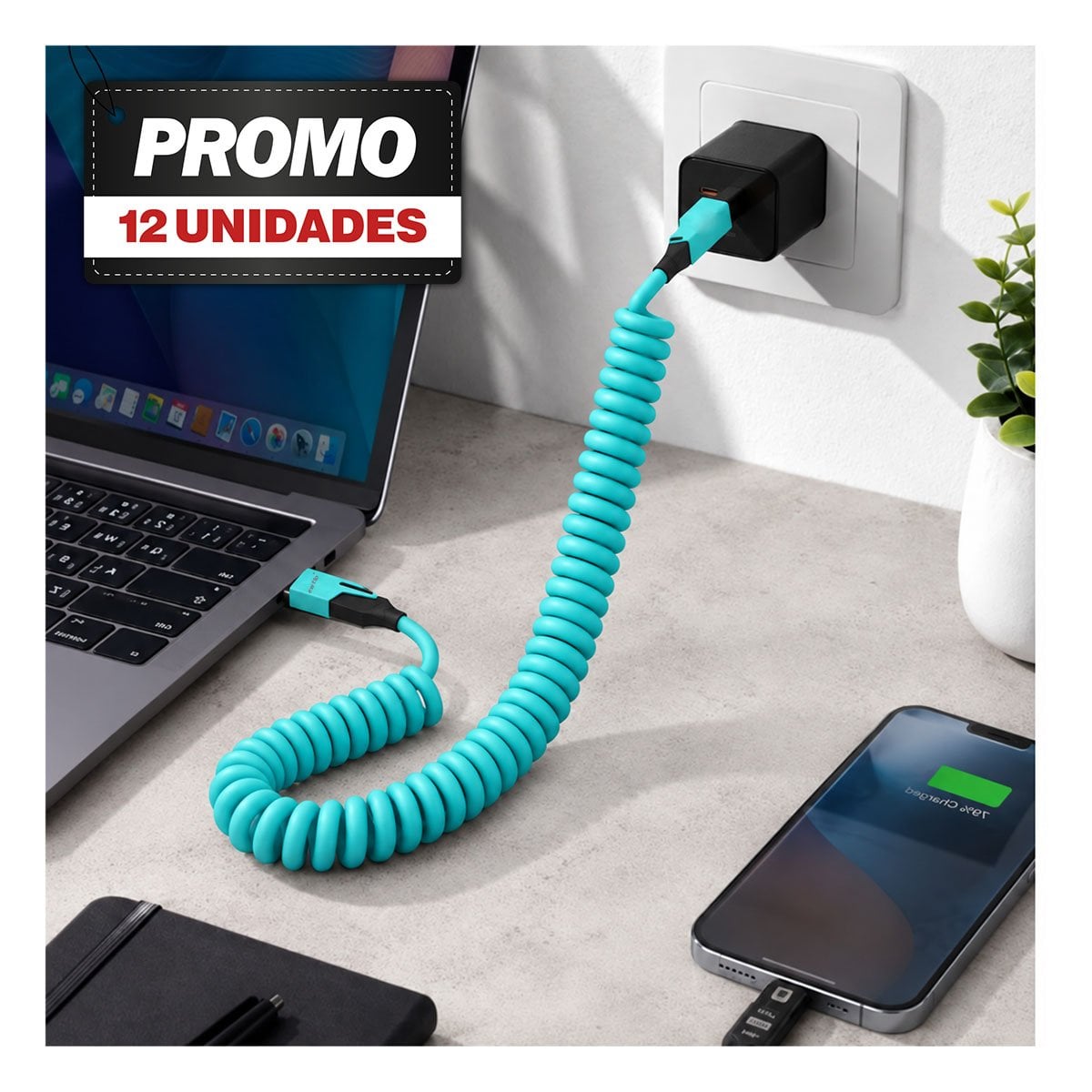 PACK12 CORDON 4 EN 1 CON PUERTO MULTIPLE 65W 150CM CELESTE - 1