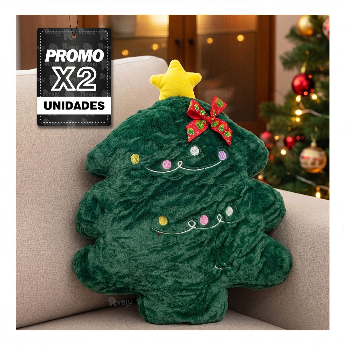 PACK2 COJIN SUAVE DE PELUCHE CON DISENO DE PINO NAVIDENO VERDE OSCURO YREGALO STICKER - 1