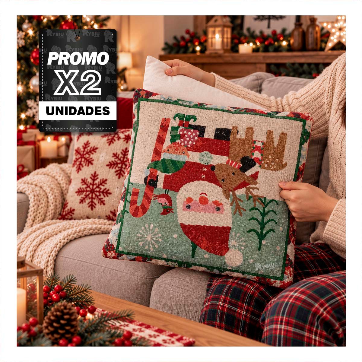 PACK2 PROTECTOR DECORATIVO PARA COJIN CON DISENO RENO SANTA DUENDE 45X45CM ROJO YPAPEL REGALO - 1