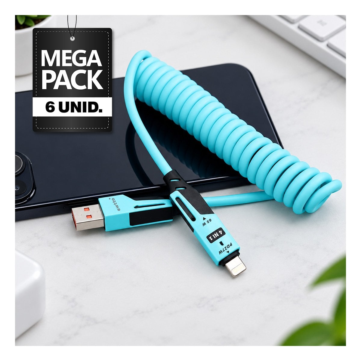 PACK6 CABLE 4 EN 1 CON SALIDA MULTIPLE 65W 150CM CELESTE YPAPEL REGALO - 1