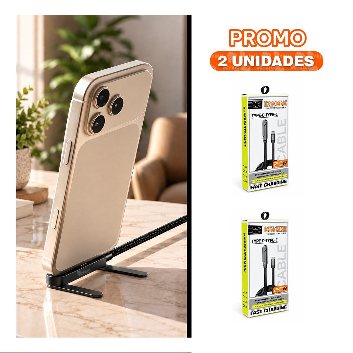 PACK2 CONECTOR CON SOPORTE PLEGABLE TIPO-C 240W NEGRO - 1