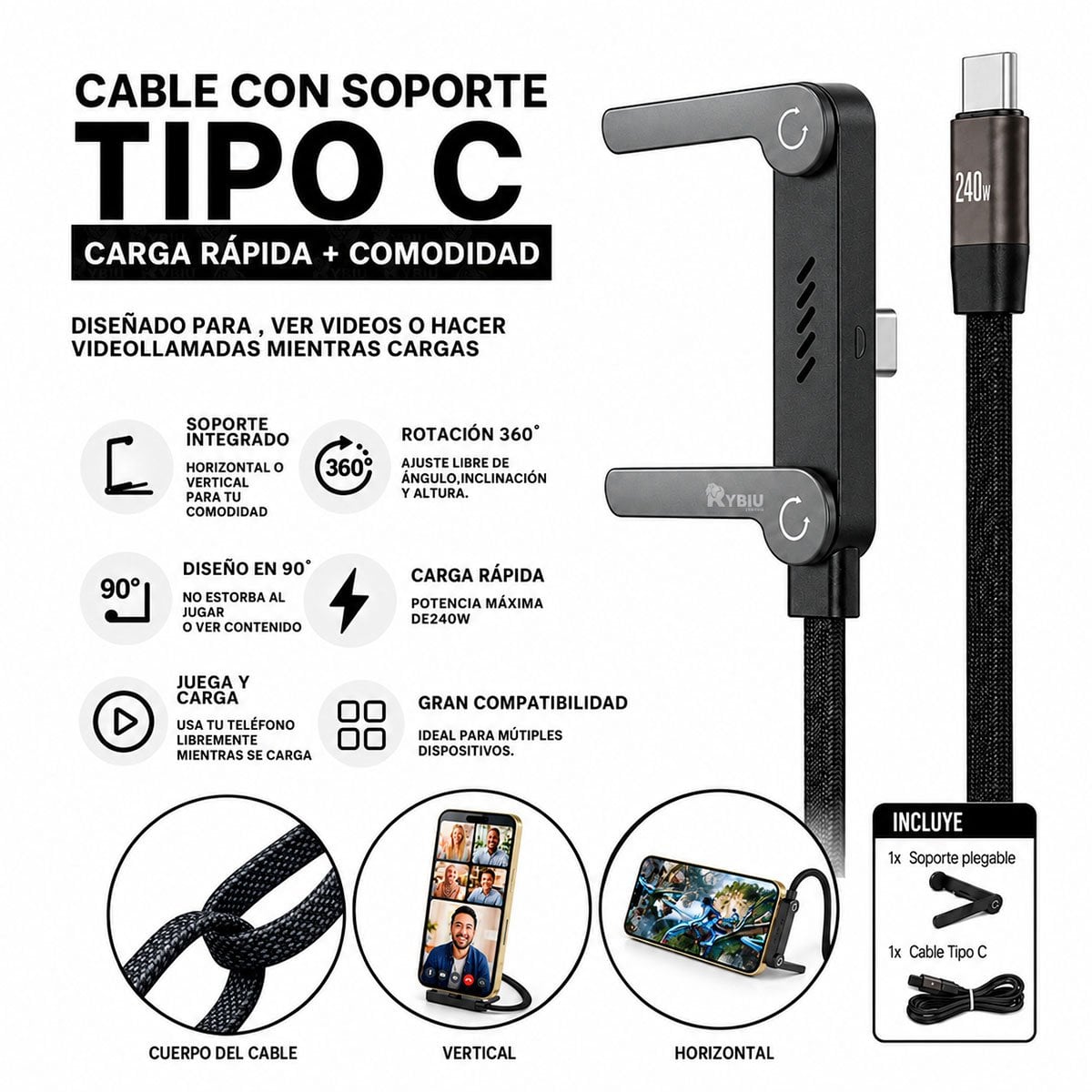 PACK2 CONECTOR DE CARGA CON SOPORTE TIPO-C NEGRO YREGALO STICKER - 4