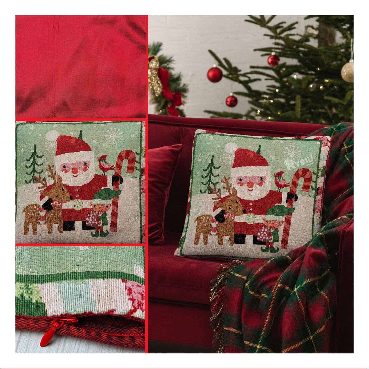 FUNDA TEXTIL DE COJIN GOBELINO CON RENO SANTA Y DUENDE 45X45CM ROJO Y LIGAS REGALO - 2