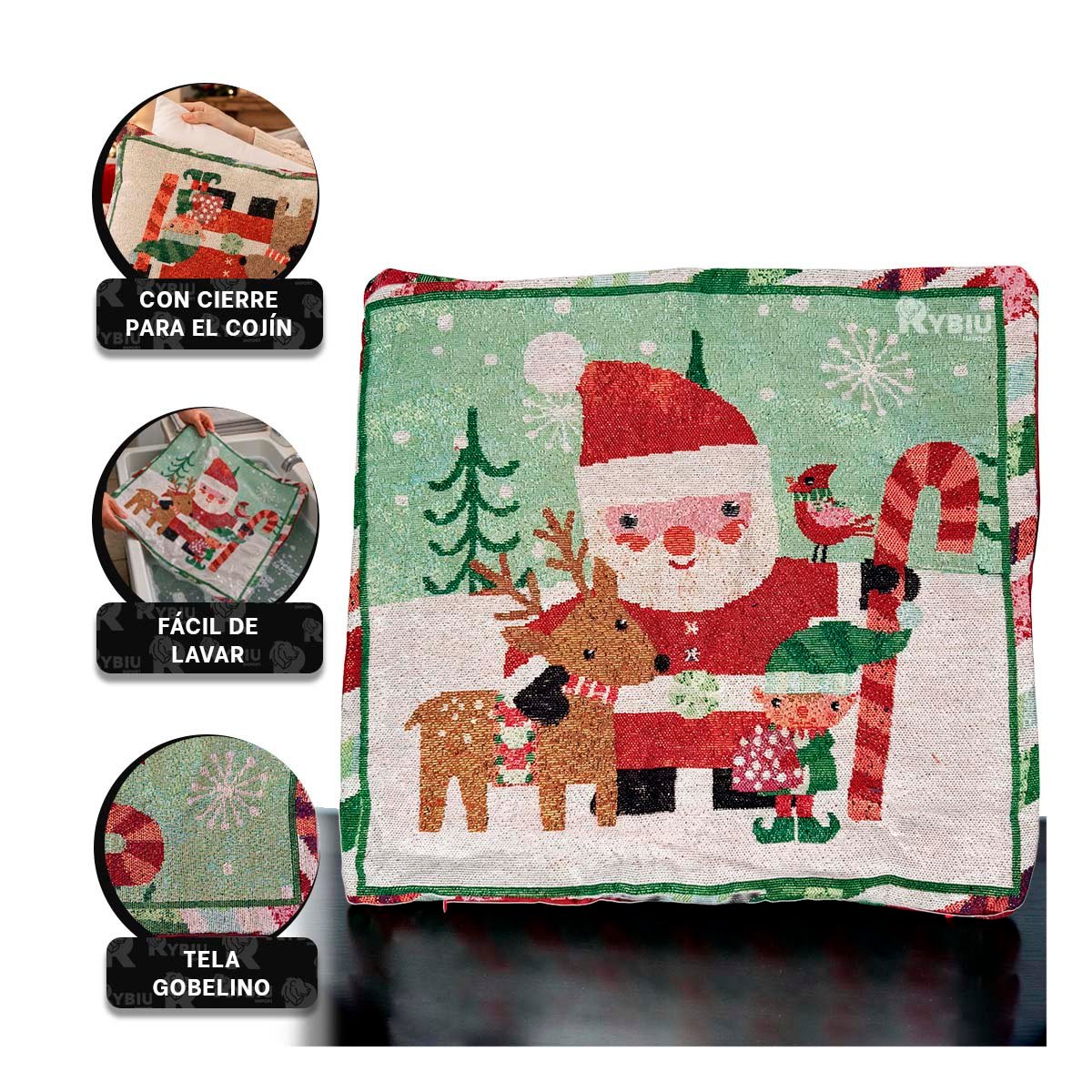 FUNDA TEXTIL DE COJIN GOBELINO CON RENO SANTA Y DUENDE 45X45CM ROJO Y LIGAS REGALO - 4