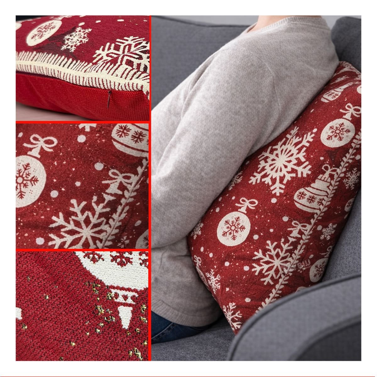 COJIN SUAVE CON DISENO DE COPOS DE NIEVE NAVIDENOS ROJO Y REGALO STICKER - 3