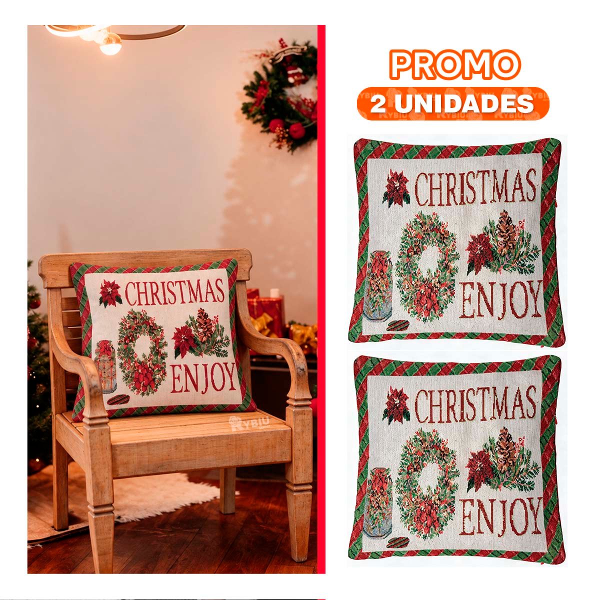 PACK2 FORRO TEXTIL PARA COJIN GOBELINO CON DISENO ENJOY 45X45CM ROJO - 1