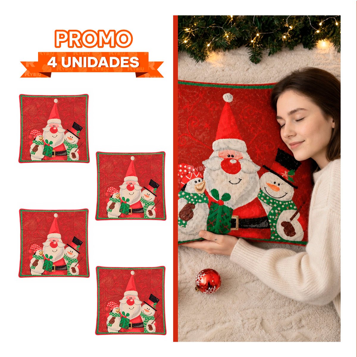 PACK4 PROTECTOR DE COJIN PARA SALA CON SANTA NIEVE PING 45X45CM ROJO YPAPEL REGALO - 1