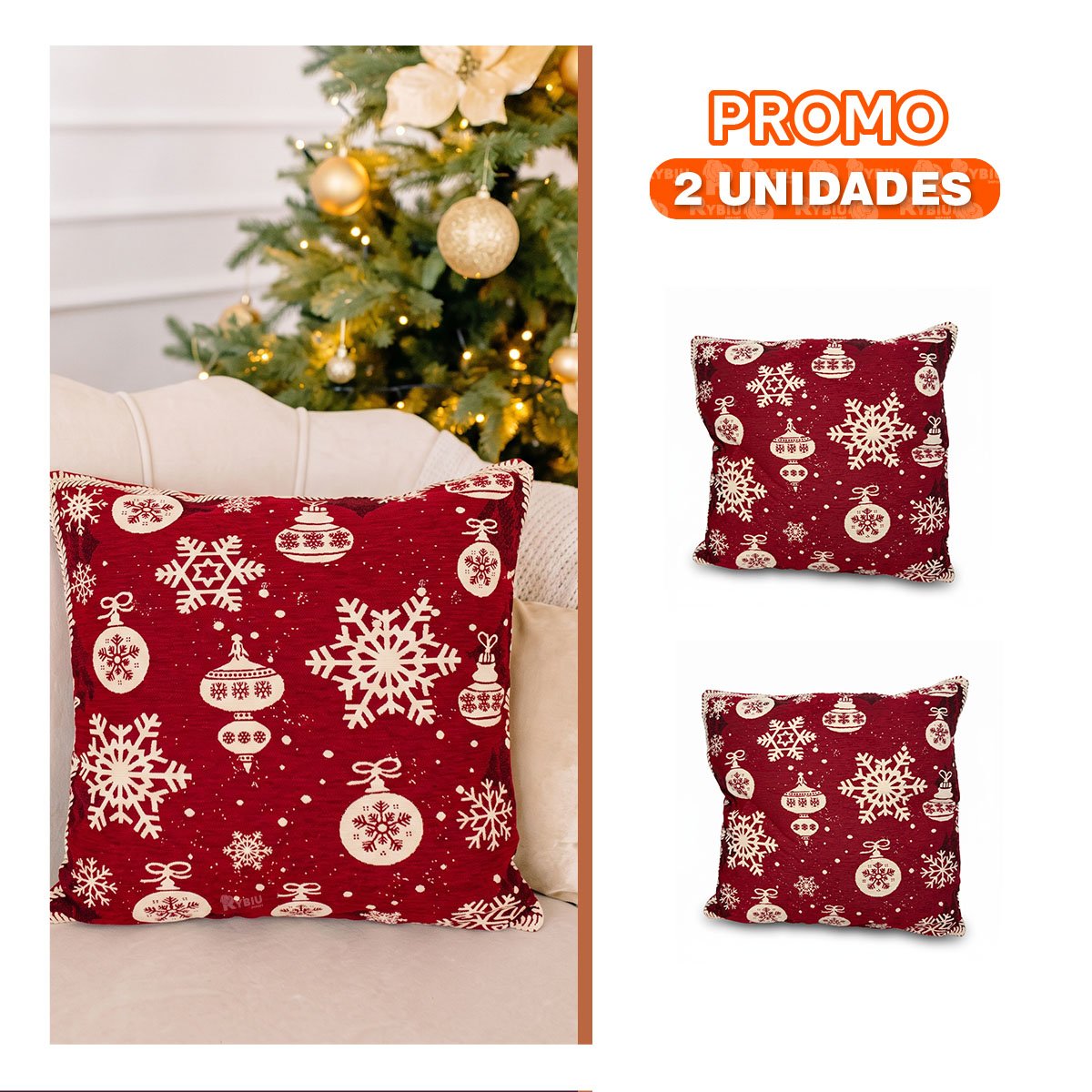 PACK2 ALMOHADON CON MOTIVOS DE COPOS DE NIEVE PARA NAVIDAD ROJO YREGALO STICKER - 1