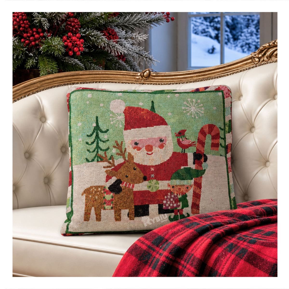 FORRO DE ALMOHADON NAVIDENO CON DISENO RENO SANTA DUENDE 45X45CM ROJO - 1