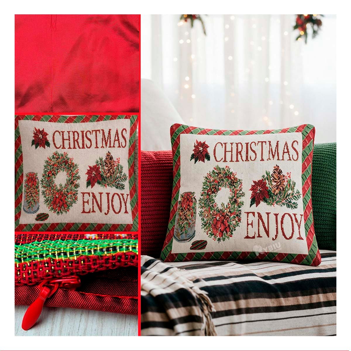 FORRO DE ALMOHADON NAVIDENO CON DISENO ENJOY 45X45CM ROJO - 3