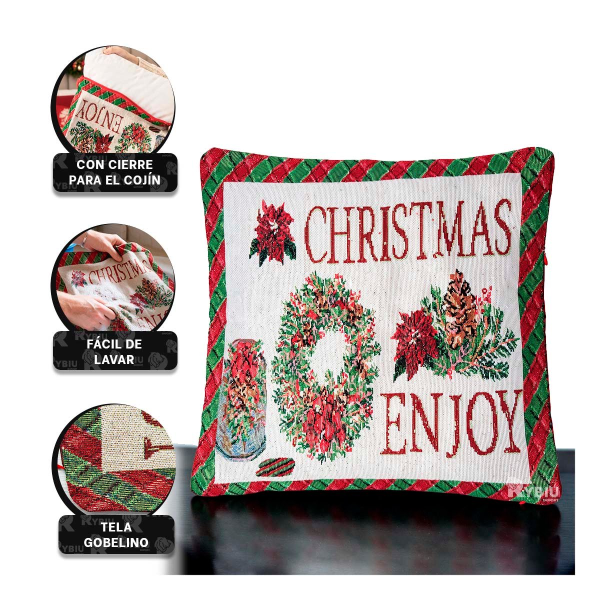 FORRO DE ALMOHADON NAVIDENO CON DISENO ENJOY 45X45CM ROJO - 4