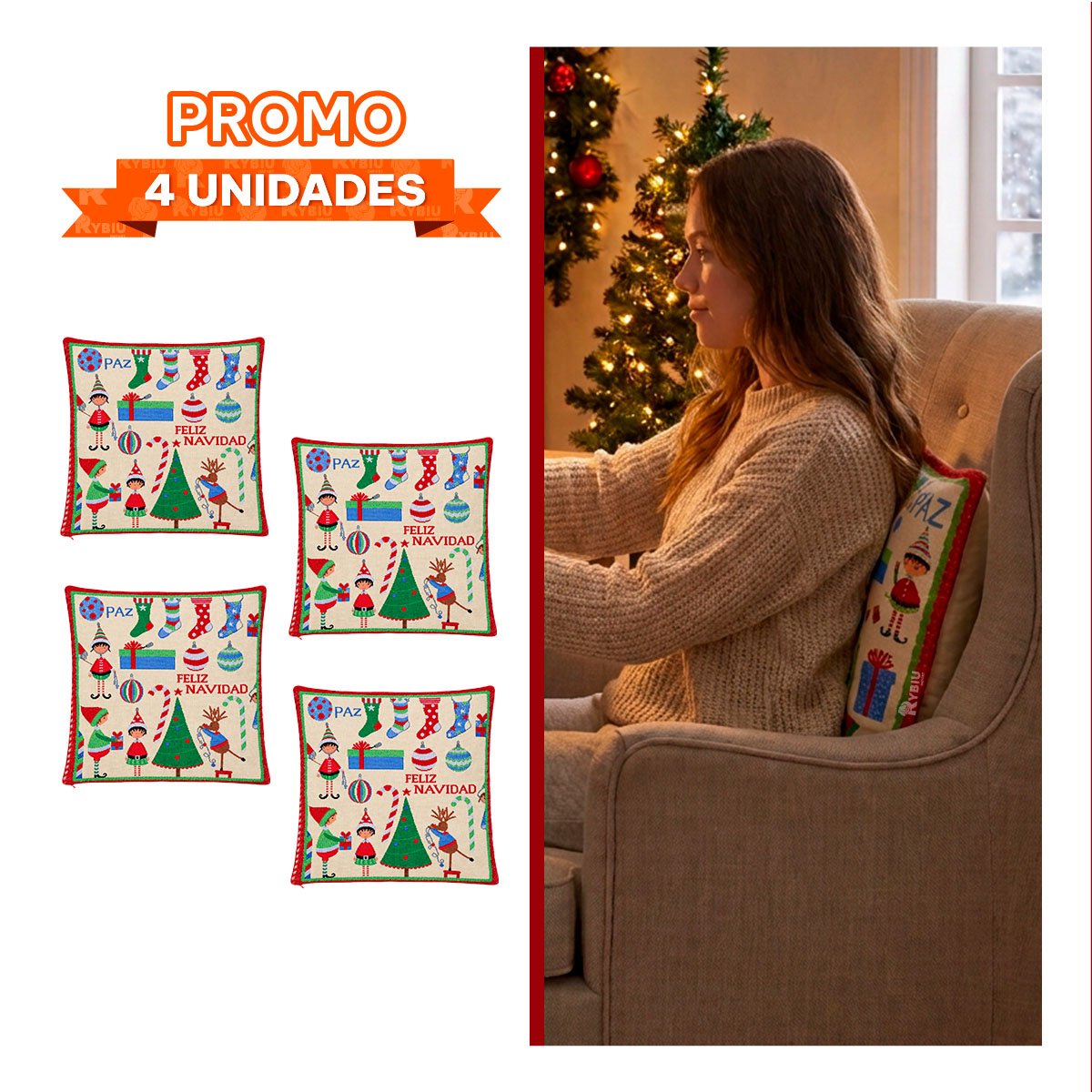 PACK4 PROTECTOR DE COJIN PARA SALA CON ESTAMPADO NAVIDENO 45X45CM BEIGE YREGALO STICKER - 1