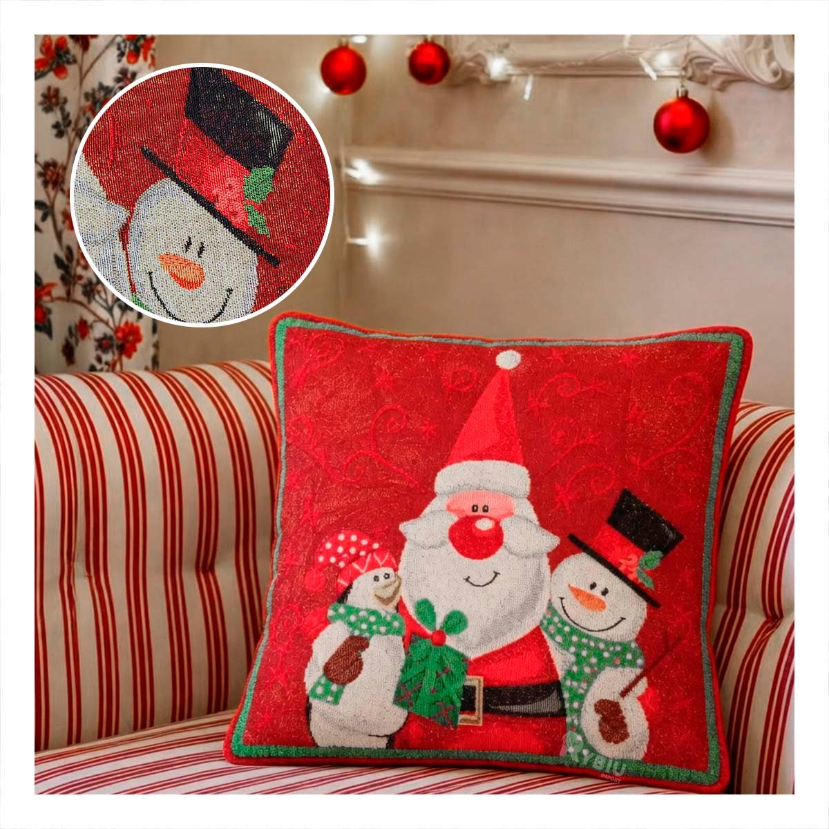 REVESTIMIENTO TEXTIL DE COJIN CON DISENO SANTA NIEVE PING 45X45CM ROJO Y PAPEL REGALO - 1
