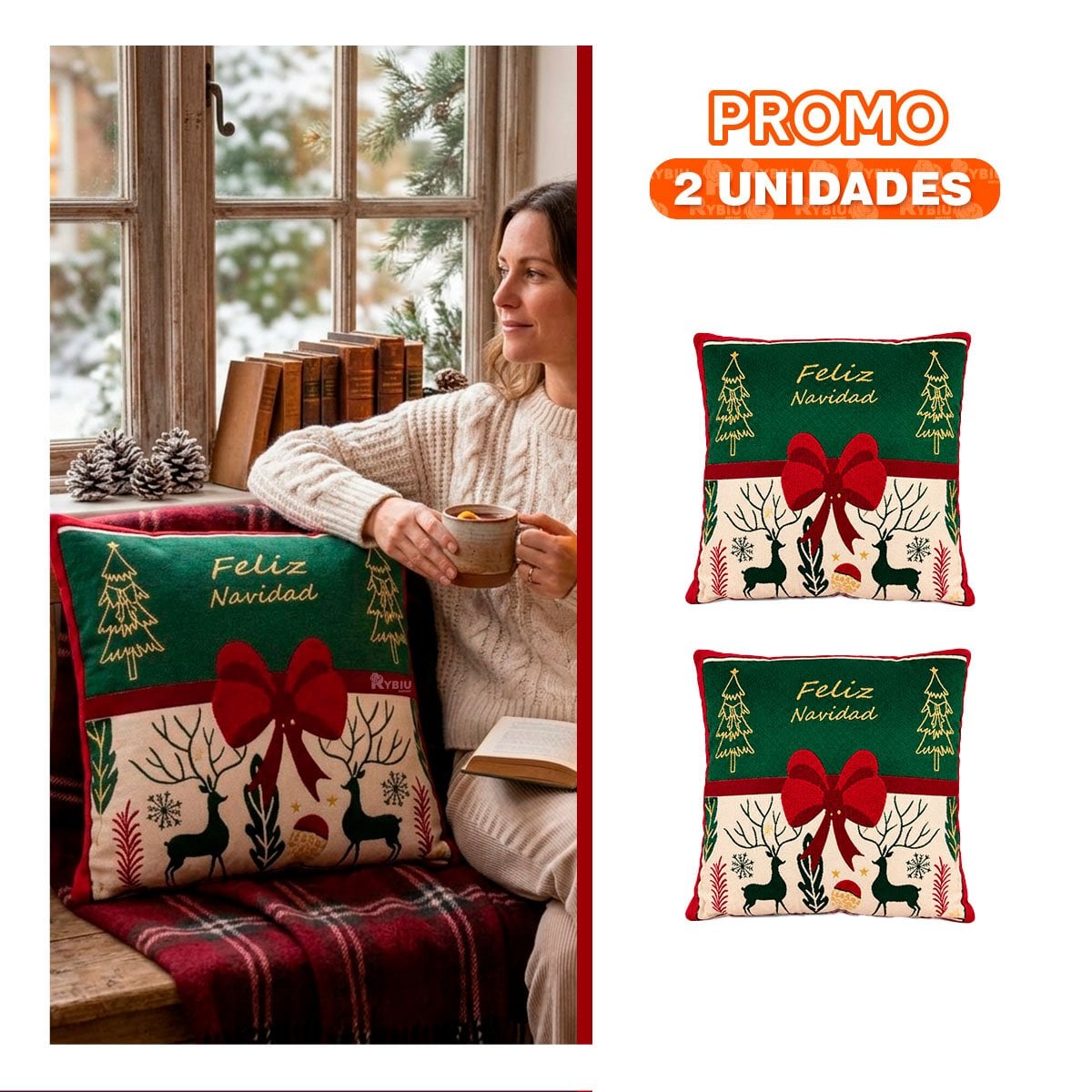 PACK2 COJIN TEXTIL NAVIDENO CON LAZO GRANDE EN EL CENTRO VERDE - 1