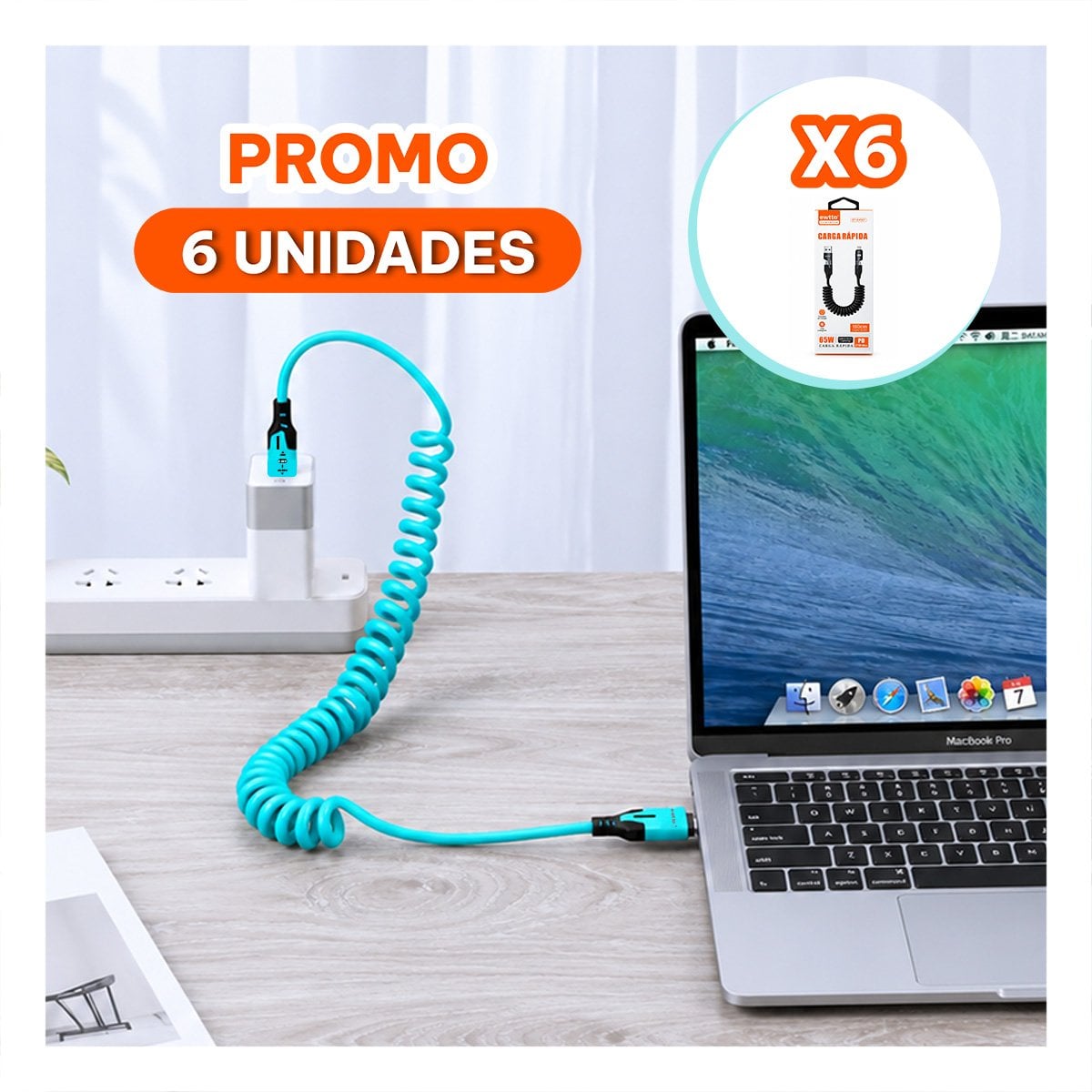 PACK6 CORDON 4 EN 1 PARA CONEXION MOVIL 65W 150CM CELESTE YREGALO STICKER - 1