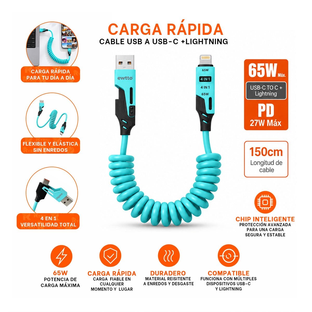 PACK6 CORDON 4 EN 1 PARA CONEXION MOVIL 65W 150CM CELESTE YREGALO STICKER - 4
