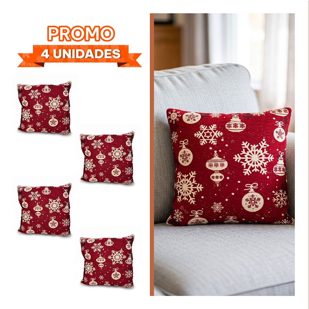 PACK4 COJIN NAVIDENO CON ESTAMPADO DE COPOS PARA SALA ROJO YREGALO STICKER - 1