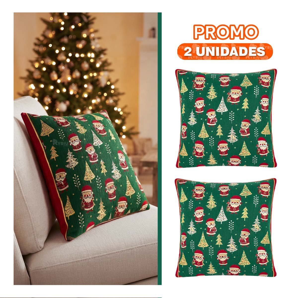 PACK2 COJIN TEXTIL NAVIDENO CON DISENO DE SANTA Y PINO VERDE - 1