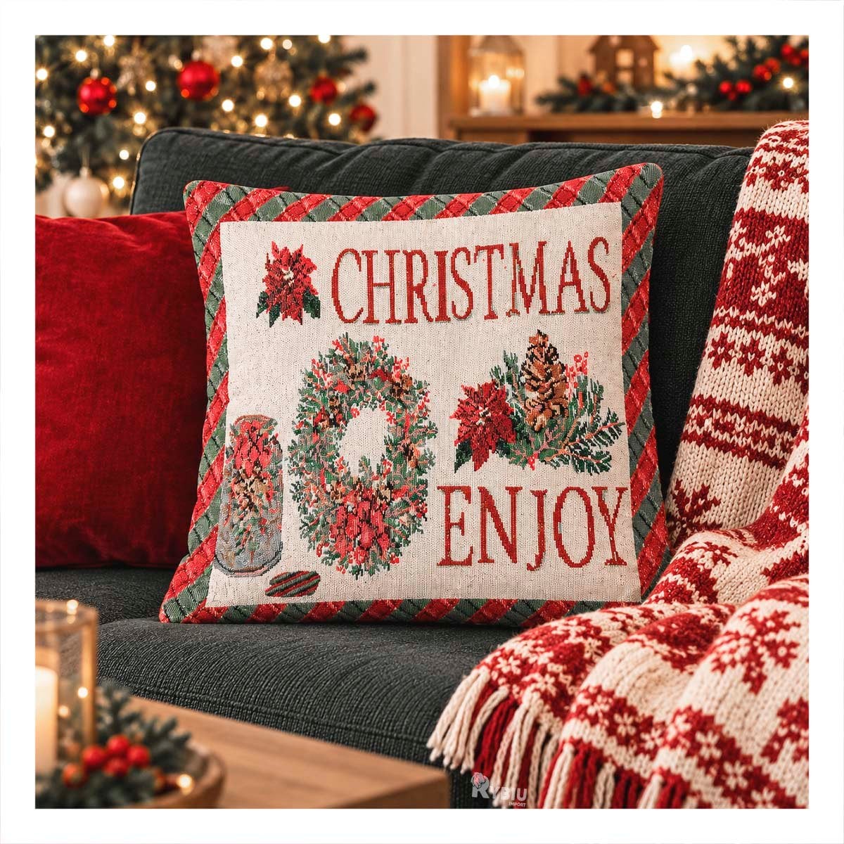 PROTECTOR DE ALMOHADON GOBELINO CON DISENO ENJOY 45X45CM ROJO Y PAPEL REGALO - 1