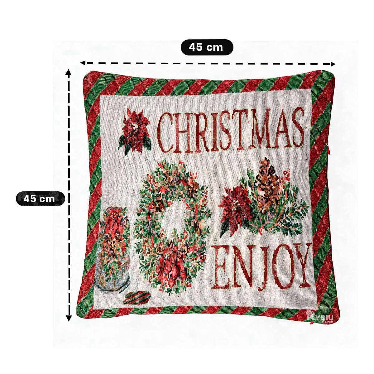 PROTECTOR DE ALMOHADON GOBELINO CON DISENO ENJOY 45X45CM ROJO Y PAPEL REGALO - 3