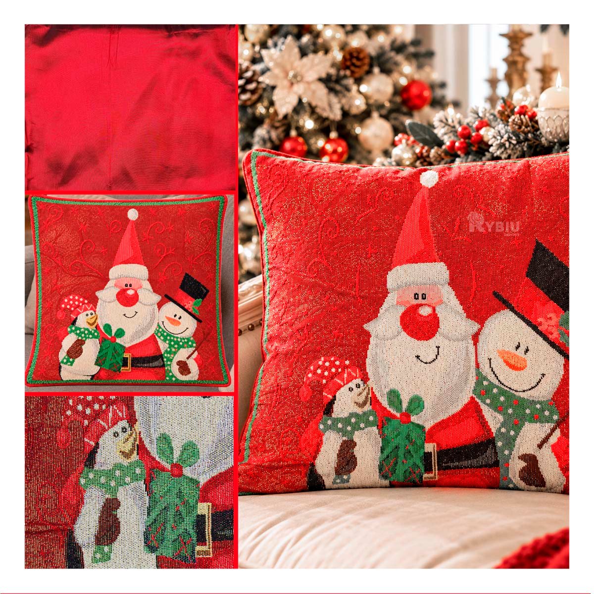 FORRO TEXTIL PARA COJIN GOBELINO CON SANTA NIEVE PING 45X45CM ROJO Y STICKY - 3