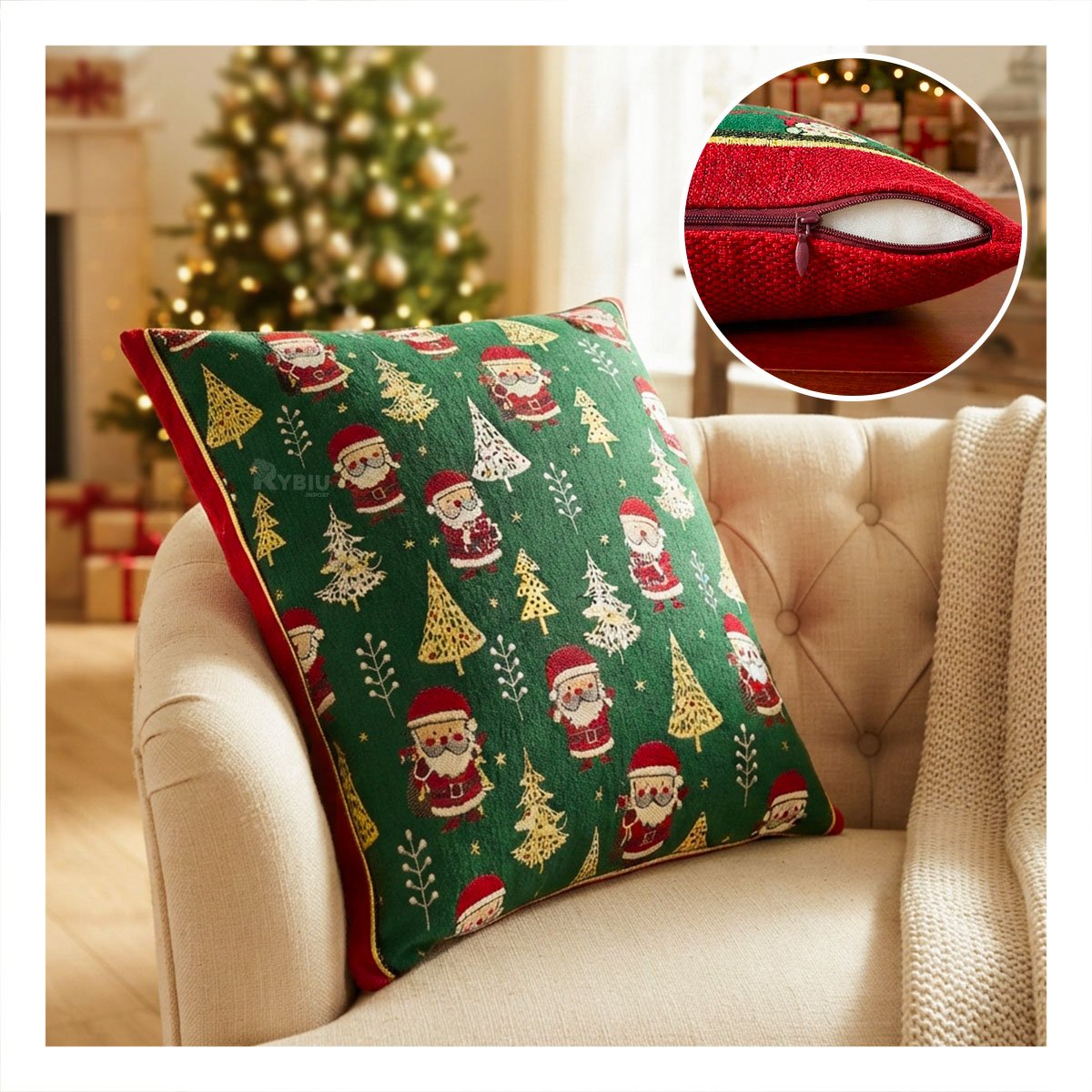 ALMOHADON DE NAVIDAD PARA SOFA CON DISENO DE SANTA VERDE Y REGALO STICKER - 1