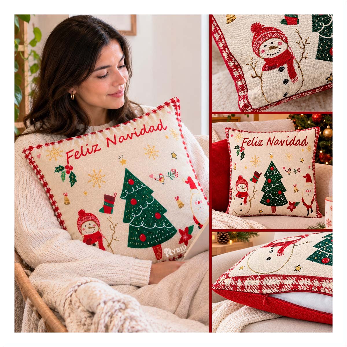 PACK4 ALMOHADON DECORATIVO CON ESTAMPADO DE PINO NAVIDENO BEIGE - 4