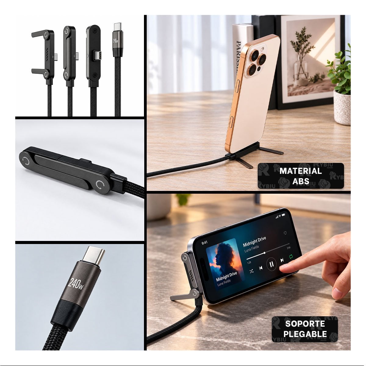 SOPORTE PLEGABLE CON CABLE TIPO-C 240W NEGRO Y REGALO STICKER - 3