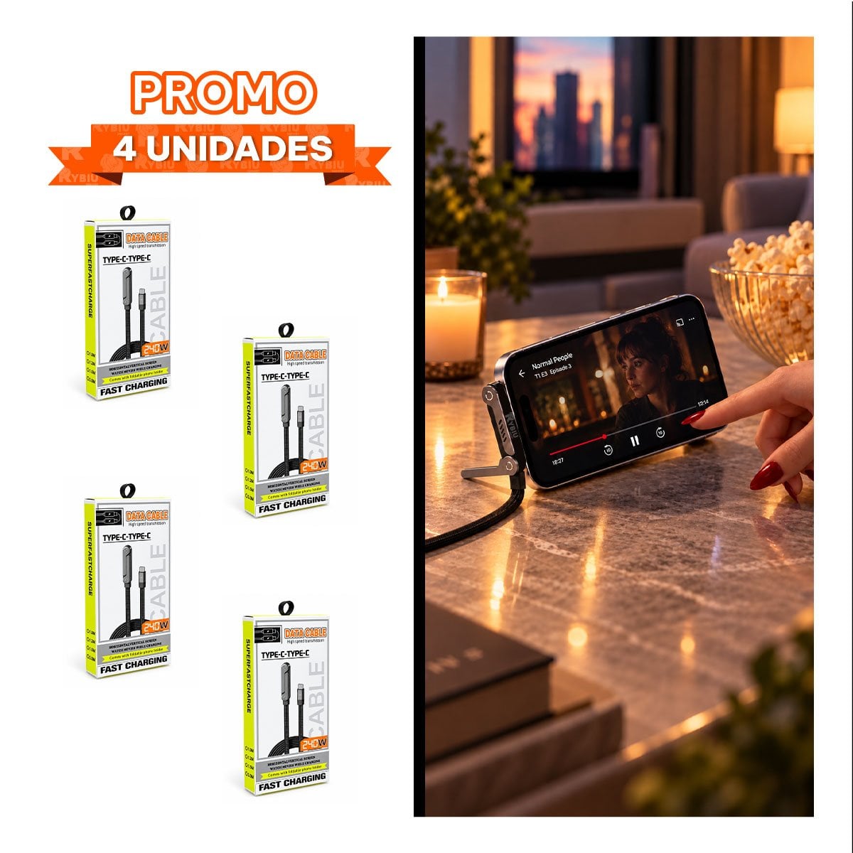 PACK4 BASE CON CABLE TIPO-C A TIPO-C 240W NEGRO - 1