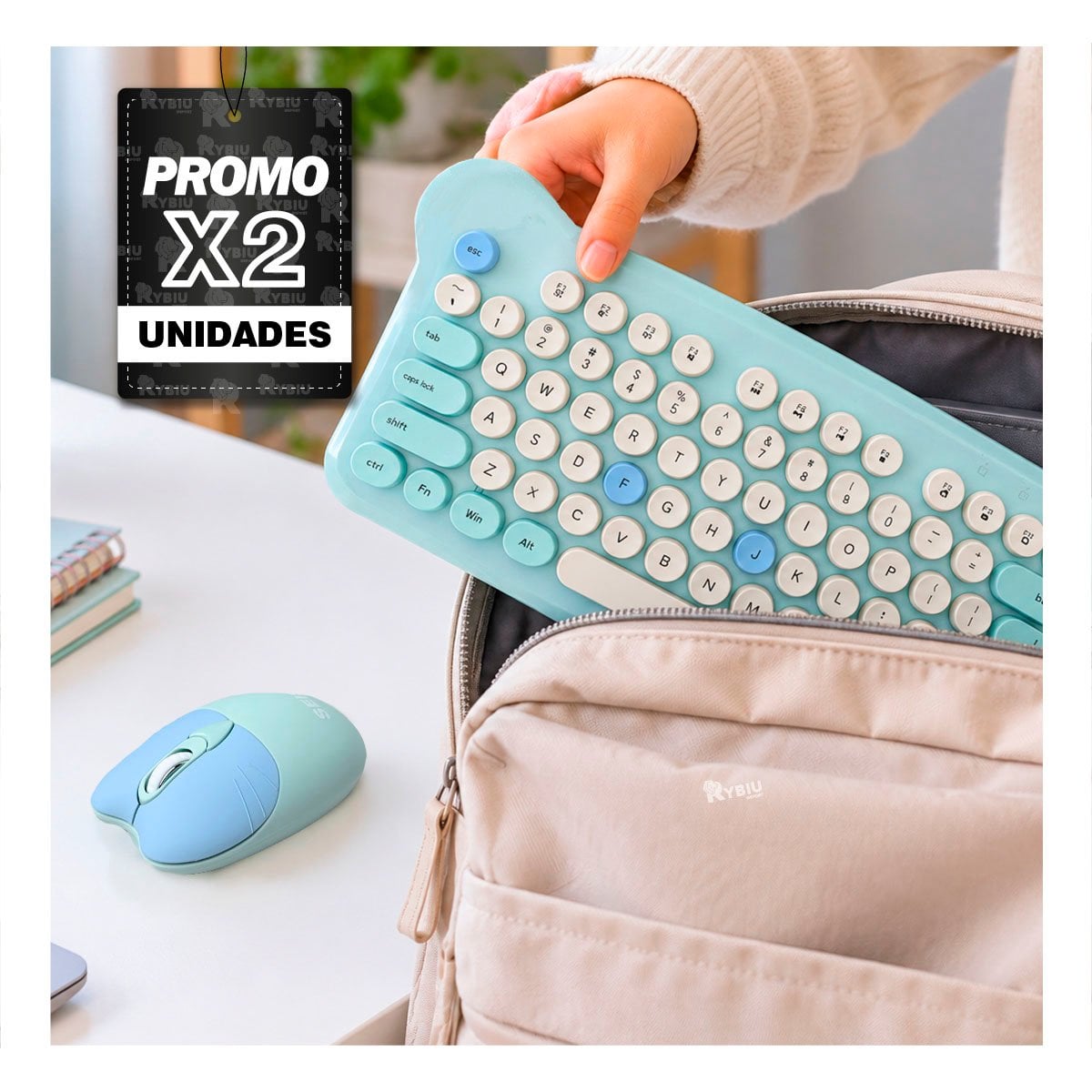 PACK2 ACCESORIOS INALAMBRICOS DE COMPUTADORA CON DISENO CELESTE YPAPEL REGALO - 1